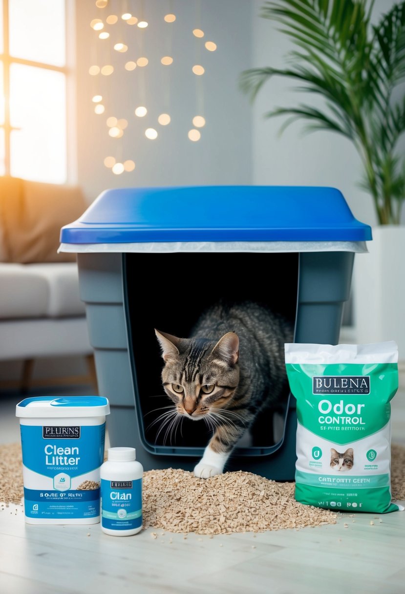 A covered litter box with a cat entering, surrounded by clean litter and odor control products