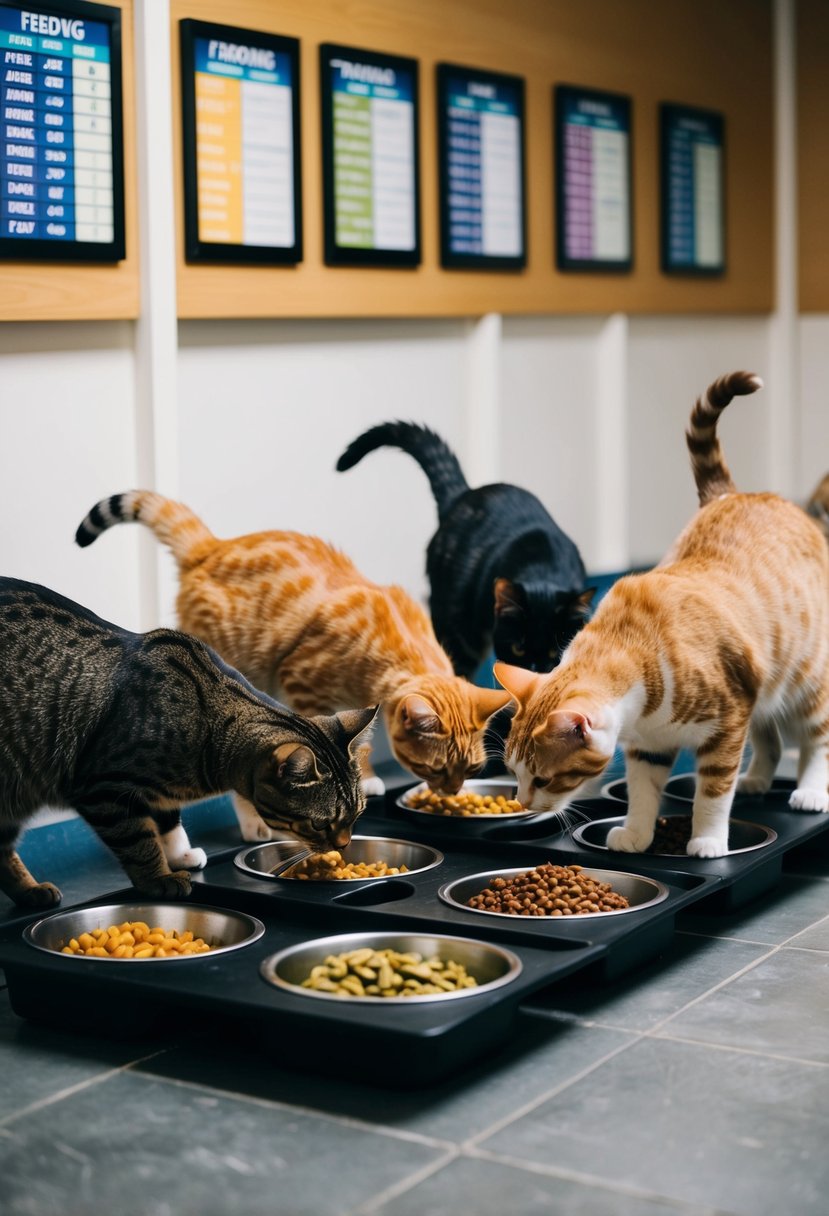 Multiple cats being fed from individual bowls in a designated feeding area, with a variety of food options and feeding schedules displayed nearby