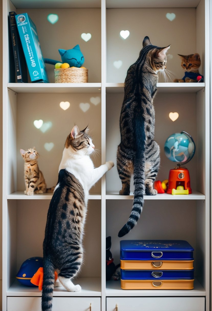Cats climbing on shelves with various cat-related items and toys