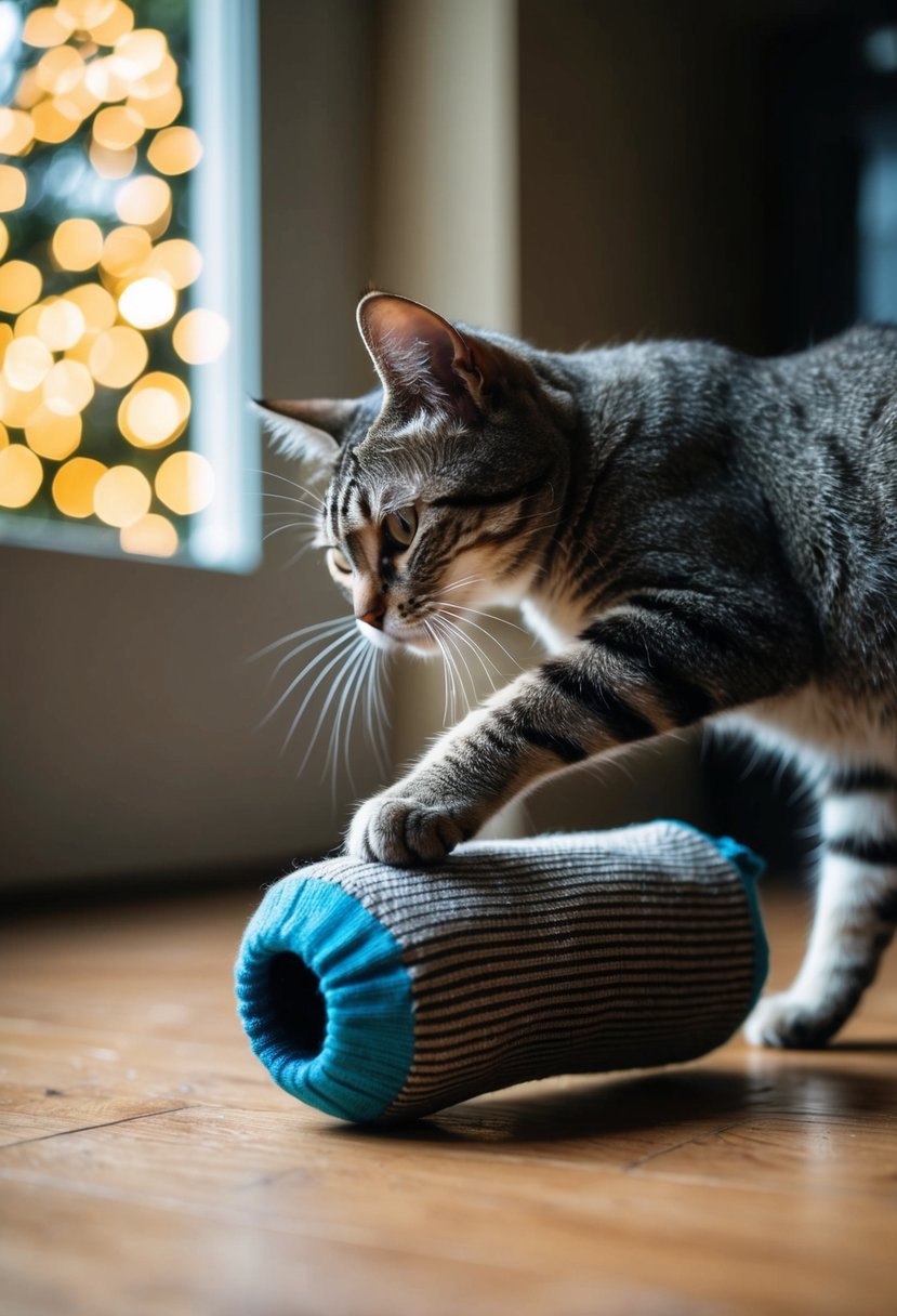 A catnip toy made from old socks, filled with dried catnip and sewn shut. A cat plays with the toy, batting it around and rolling on the floor