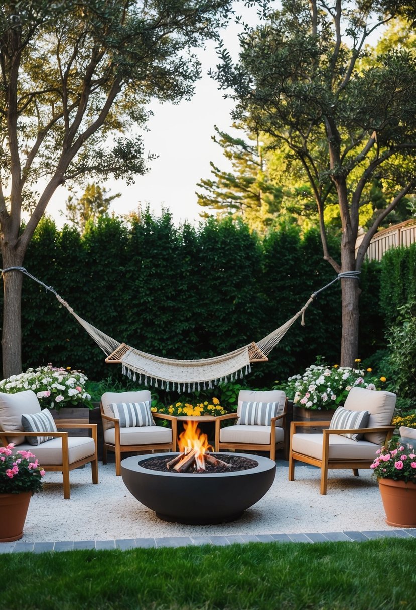 A lush backyard with a cozy seating area, a hammock strung between two trees, a fire pit surrounded by comfortable chairs, and blooming flowers in raised garden beds