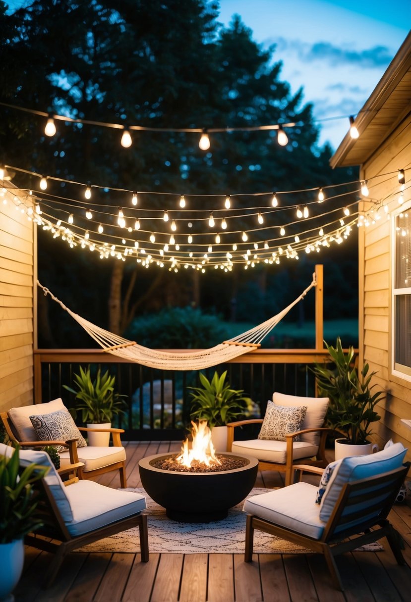 A cozy outdoor space with a wooden deck, string lights, potted plants, a hammock, and a fire pit surrounded by comfortable seating
