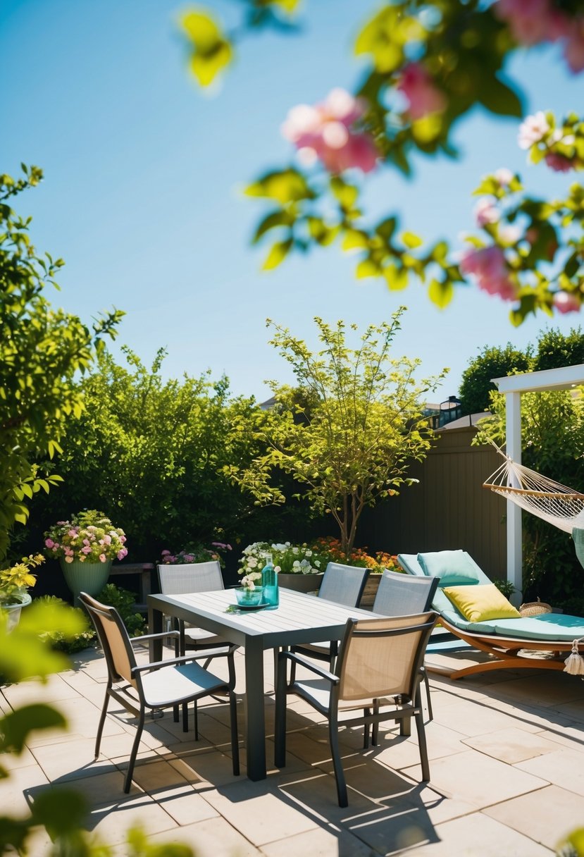 A sunny backyard with a variety of outdoor furniture, including a dining set, lounge chairs, and a hammock, surrounded by lush greenery and blooming flowers
