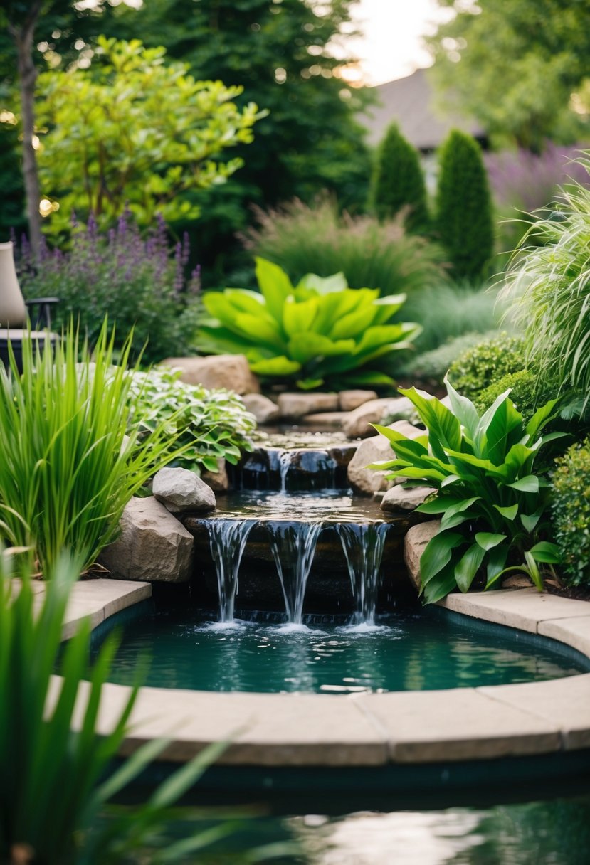 A tranquil backyard oasis with a small pond, flowing waterfall, and lush greenery creates a peaceful and inviting atmosphere