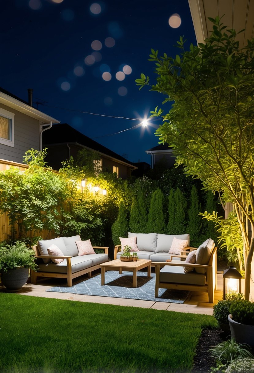 A backyard garden at night, softly lit by outdoor lighting, with a cozy seating area and lush greenery creating a relaxing and inviting atmosphere