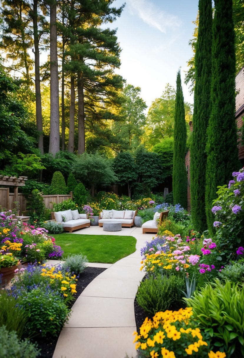A backyard filled with vibrant flowers, tall trees, and winding pathways leading to cozy seating areas, all surrounded by lush greenery