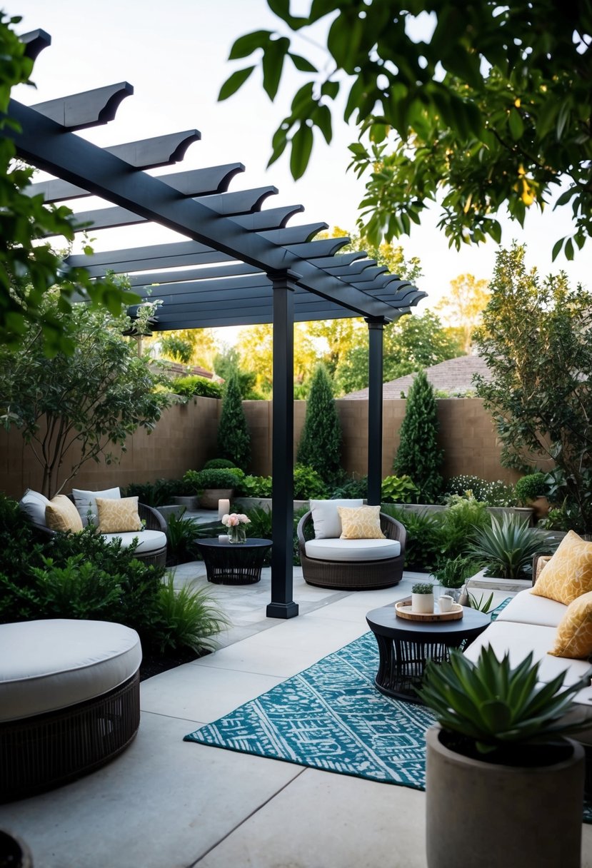 A secluded backyard oasis with a pergola, lush landscaping, and cozy seating areas for relaxation and privacy
