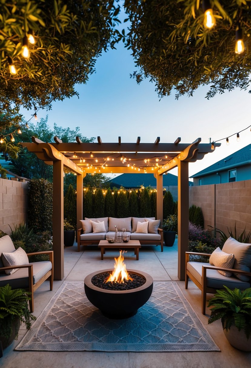 A backyard oasis with a custom-built pergola, cozy seating area, and a fire pit surrounded by lush landscaping and twinkling string lights
