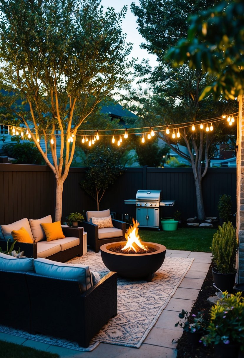 A backyard with a cozy seating area, a fire pit, and string lights hanging from the trees. A barbecue grill and a small garden complete the scene