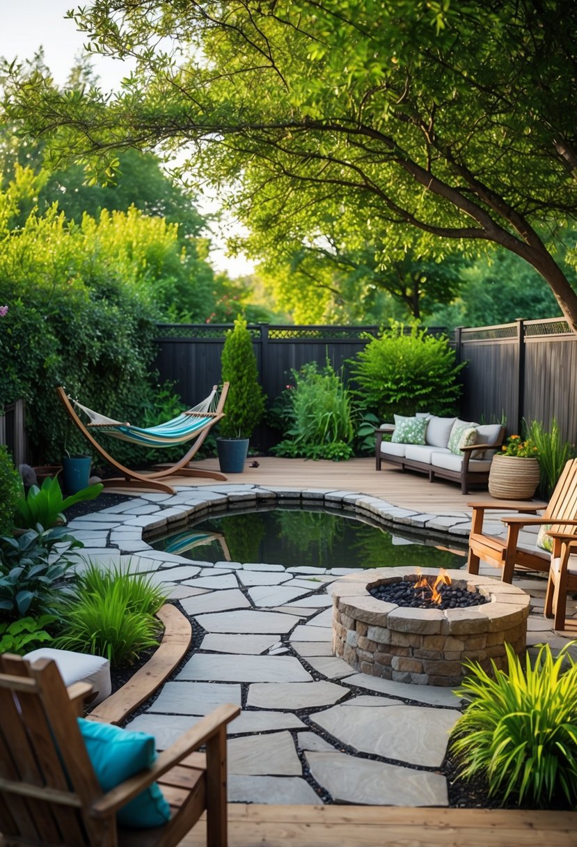 A cozy backyard with a wooden deck, lush greenery, a small pond, and a hammock under a shady tree. A stone pathway leads to a fire pit surrounded by comfortable seating