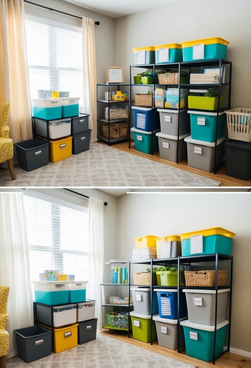 A cluttered room transformed into an organized space with labeled bins, hanging organizers, and DIY storage solutions from the dollar store