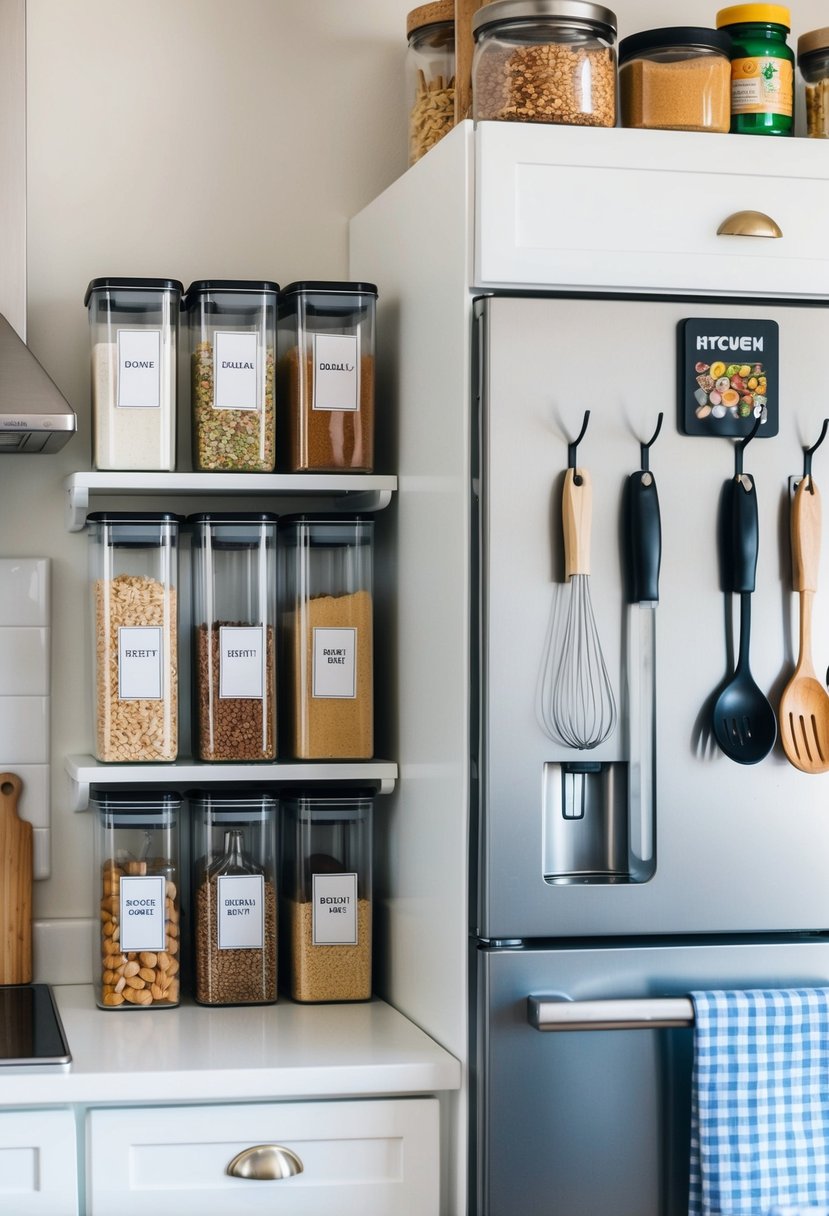 A neatly organized kitchen with labeled dollar store containers for pantry items, hanging hooks for utensils, and a magnetic spice rack on the fridge