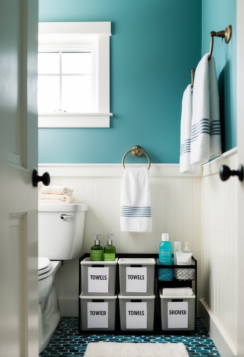 A tidy bathroom with labeled dollar store bins for storage. Hooks hold towels and a shower caddy organizes toiletries