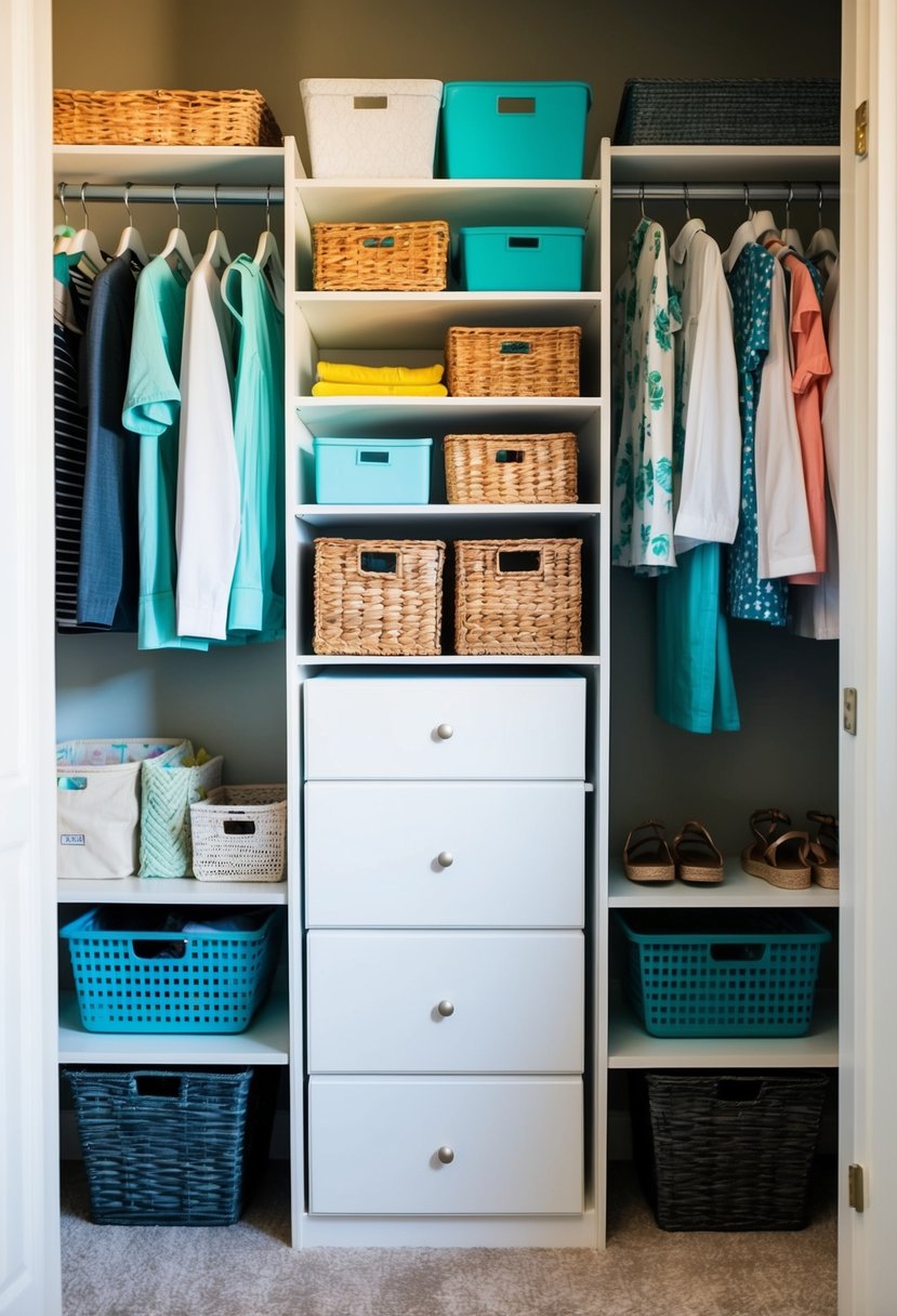 A tidy bedroom with dollar store organizers in the closet and on the shelves. Baskets, bins, and hooks keep everything neat and accessible