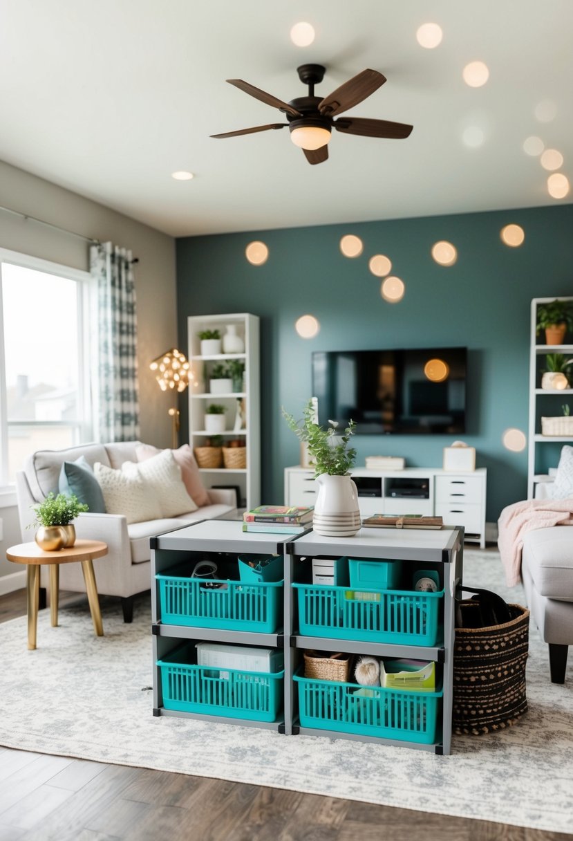 A tidy living area with dollar store storage solutions and DIY organization hacks