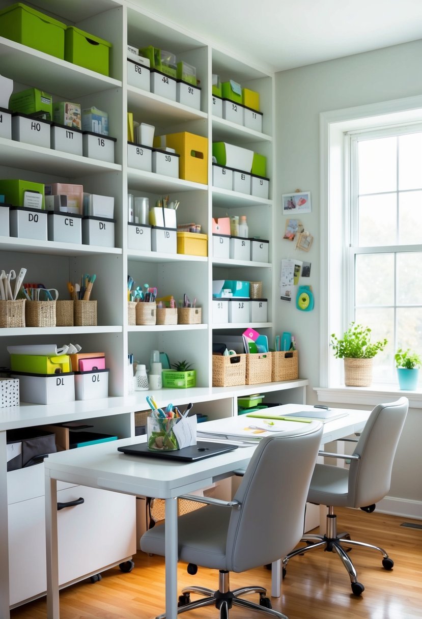 A tidy office and craft space with labeled dollar store bins and organizers for supplies, neatly arranged on shelves and desks