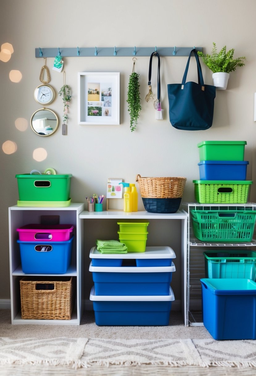 A cluttered room transformed into an organized space using dollar store items like bins, hooks, and baskets