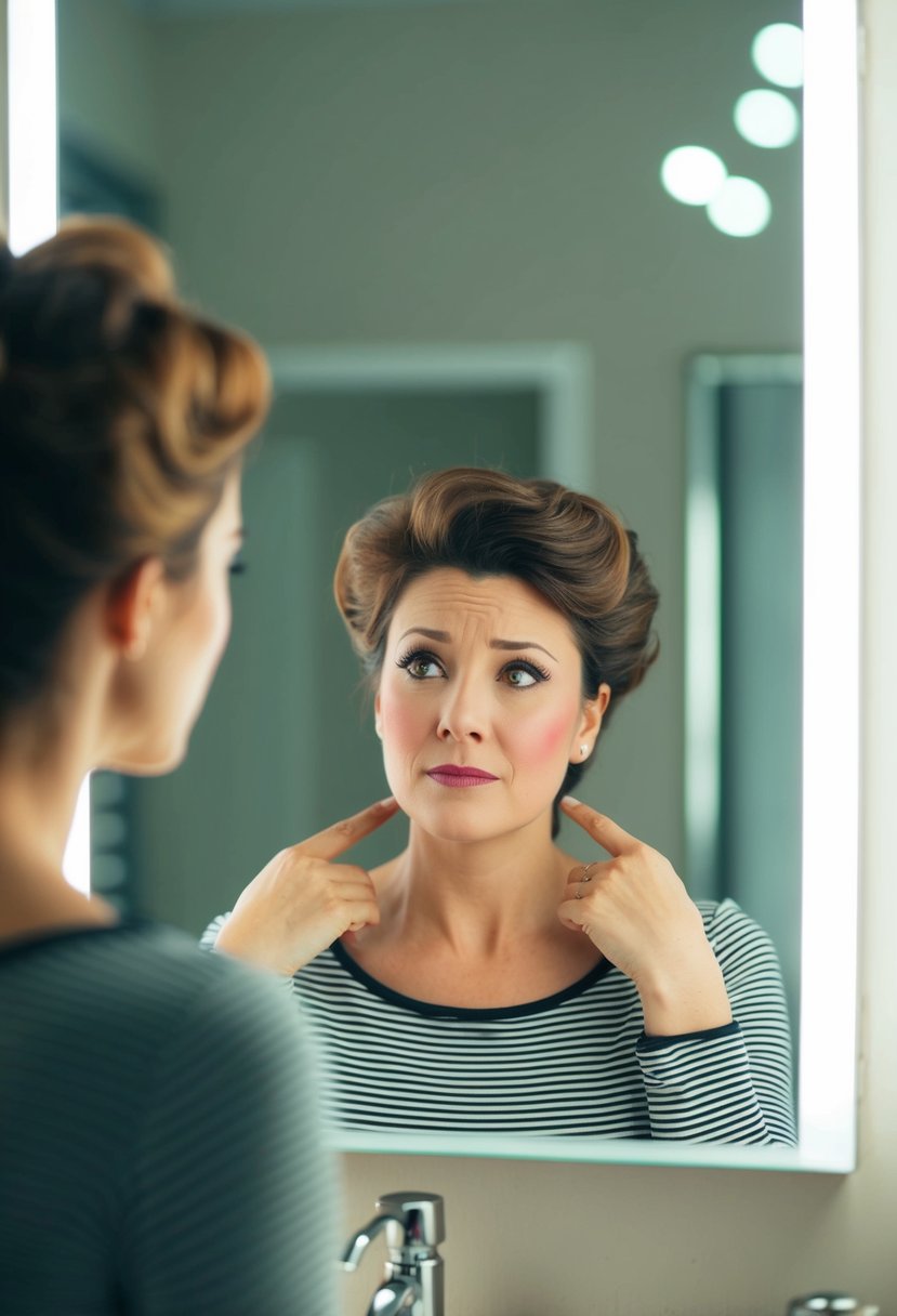 A woman staring at her reflection in a mirror, looking dismayed at her outdated hairstyle