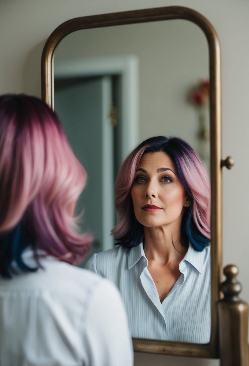A woman with mismatched hair color looks in the mirror, appearing older