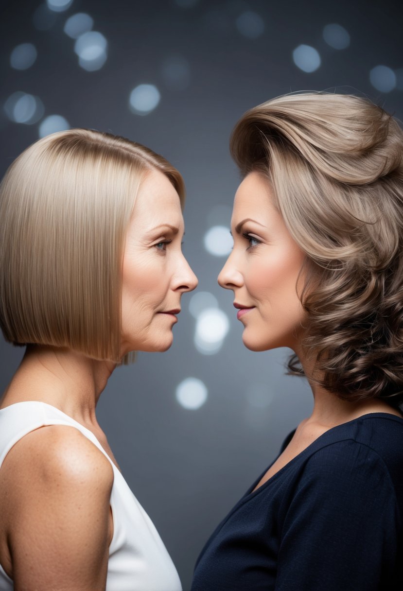 A woman with flat, lifeless hair stands next to a woman with voluminous, textured hair. The contrast in their hair styles highlights the impact of hair mistakes on aging