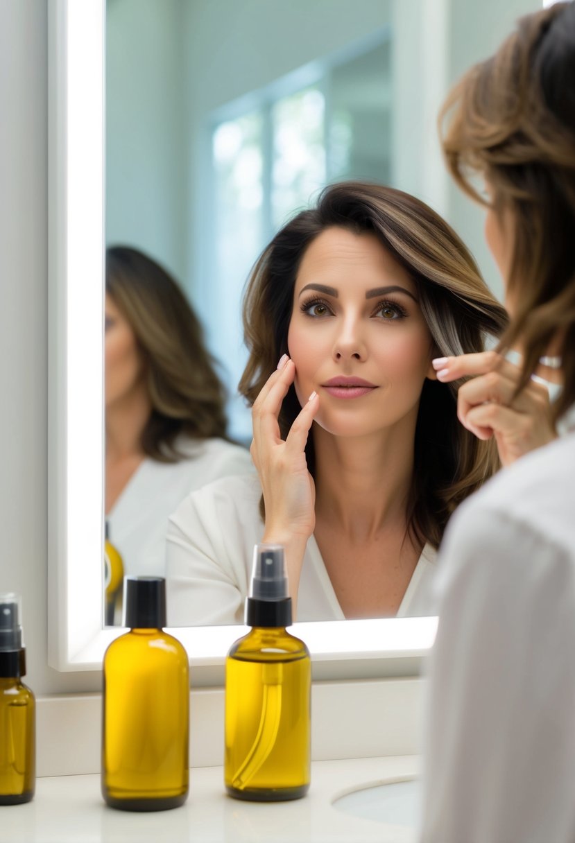 A woman with damaged hair looks in the mirror, noticing split ends and frizz, while a bottle of nourishing hair oil sits untouched on the vanity