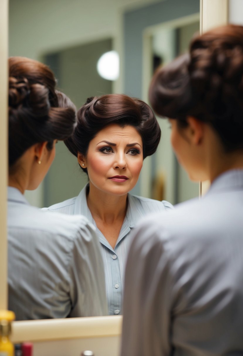 A woman with outdated hairstyle looks in the mirror, frowning at her reflection