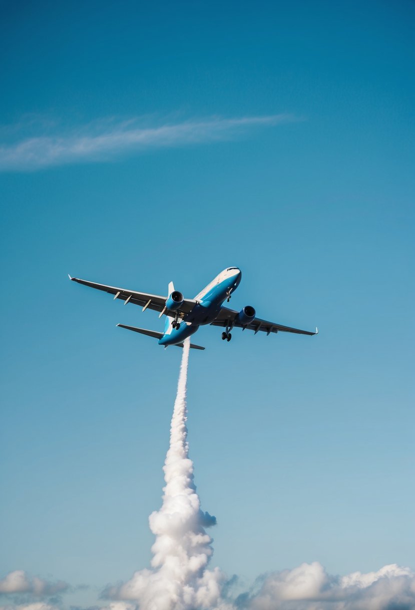 An airplane flying through a clear blue sky, with clouds in the distance and a trail of white vapor behind it