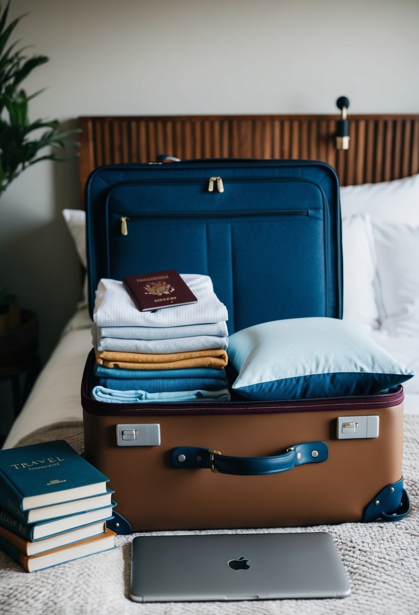 A suitcase packed with neatly folded clothes, a passport, and a travel pillow laid out on a bed next to a stack of travel books and a laptop