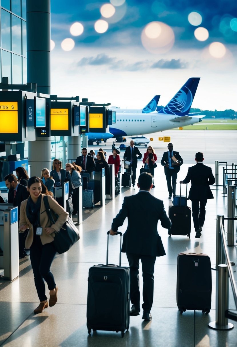 Passengers rushing with luggage, boarding gates, airplanes on the tarmac, and airport staff assisting travelers