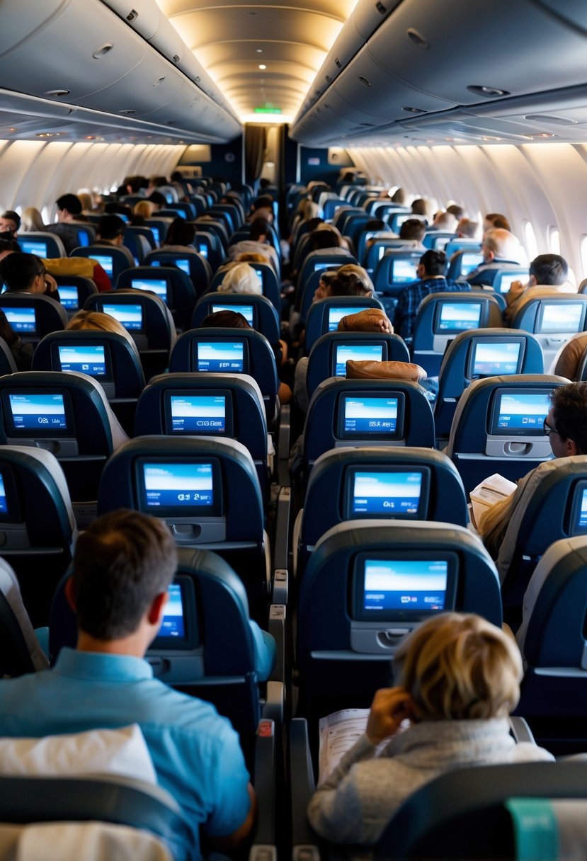 A crowded airplane cabin with passengers in various seats, some reading, some sleeping, and others watching movies on personal screens
