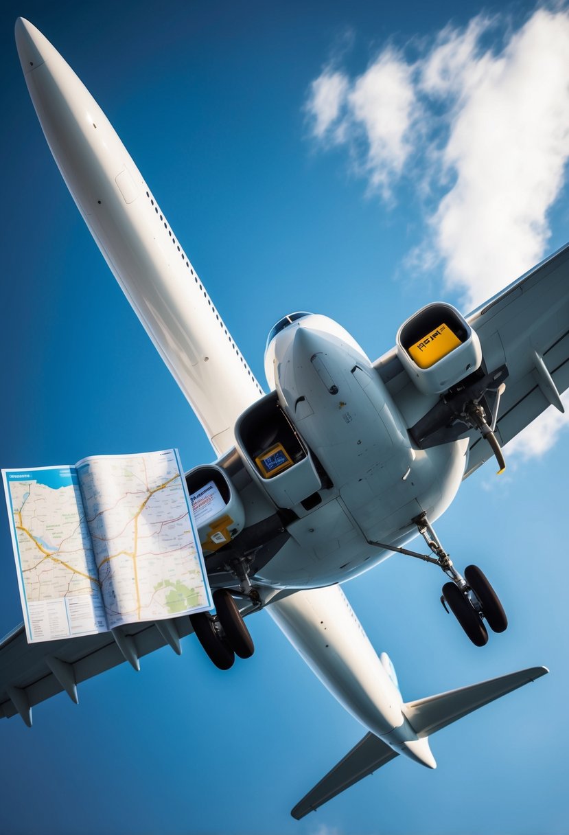 A sleek airplane soaring through a clear blue sky, with a map and travel essentials neatly organized in the cabin