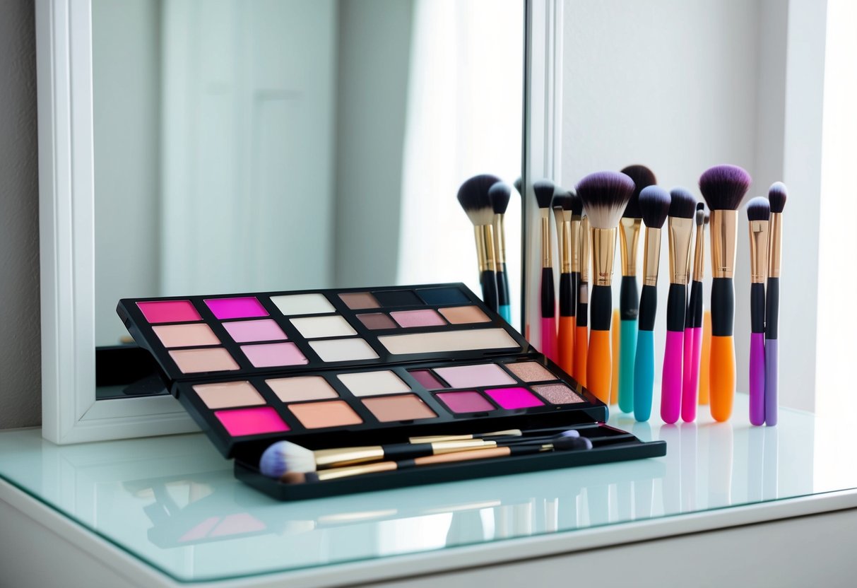 Brightly colored makeup palettes and brushes arranged neatly on a clean, organized vanity table, with a mirror reflecting the potential for transformation