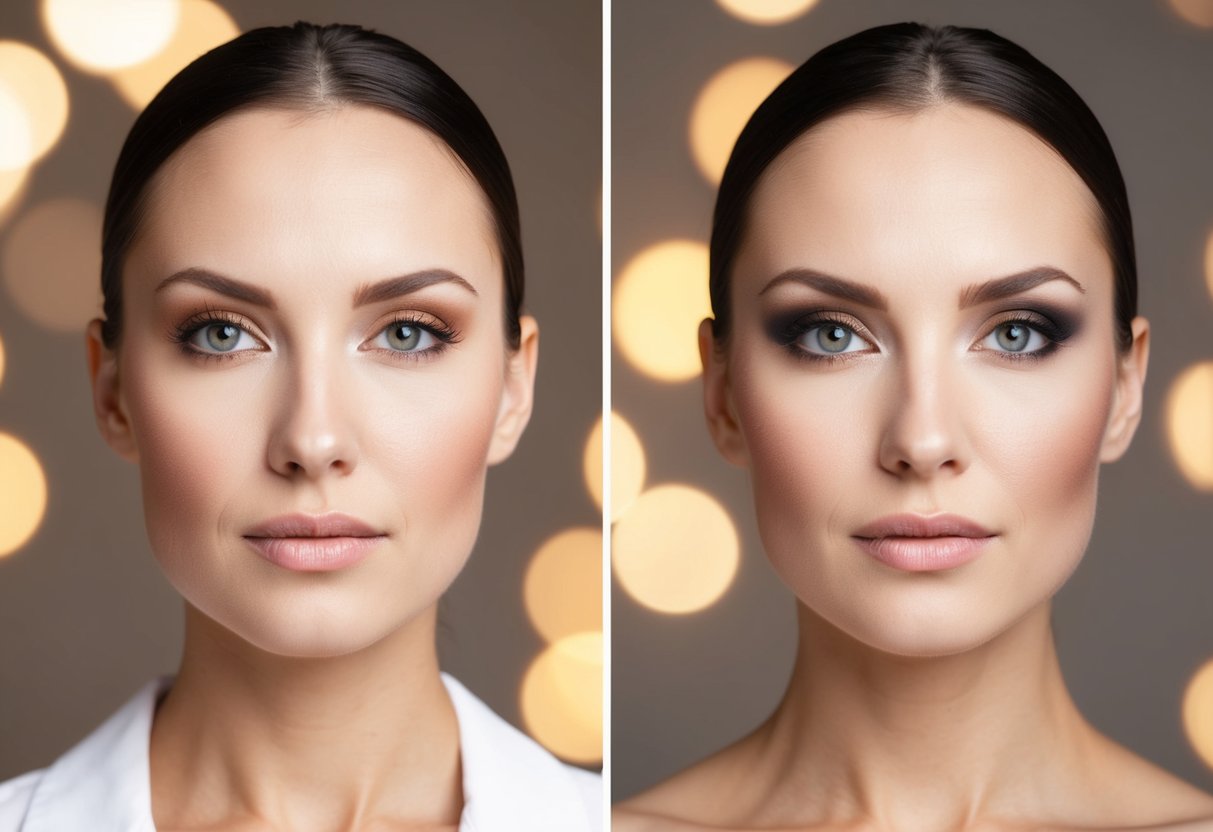A woman's face before and after makeup application, showing a dramatic transformation and the empowerment it brings
