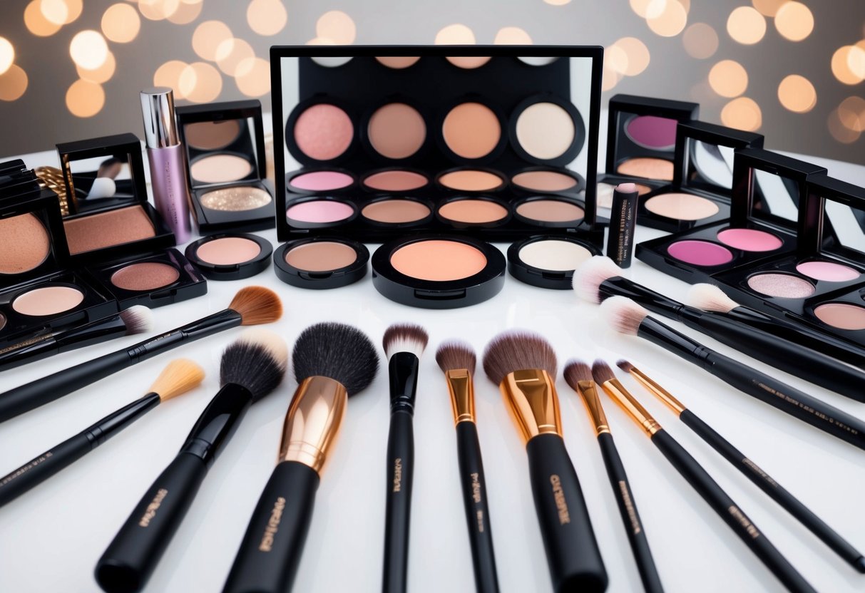 A diverse array of makeup products and tools arranged in an artistic and empowering manner, showcasing the transformative power of makeup for women