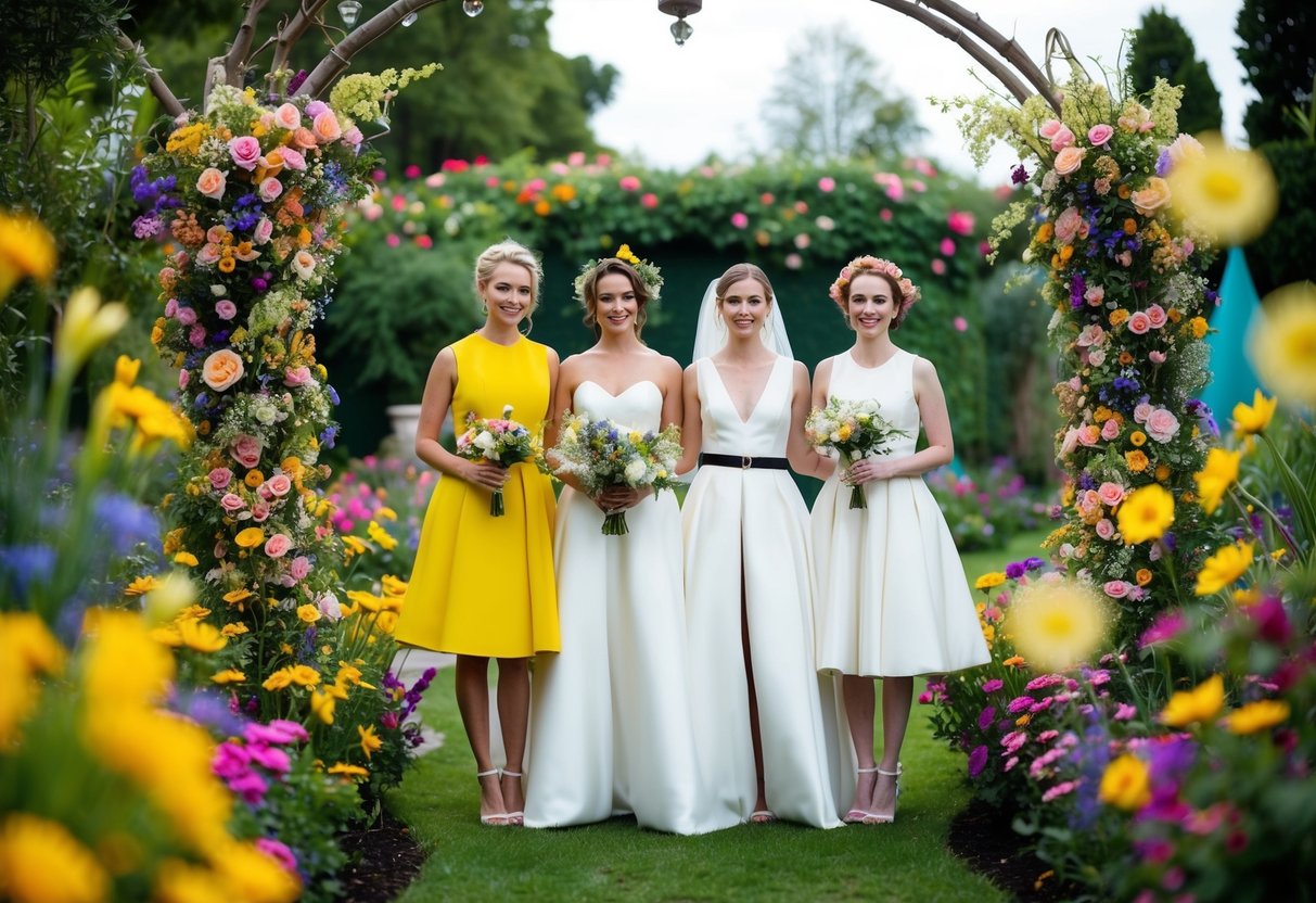 Brides in unconventional wedding attire, standing in a whimsical garden surrounded by vibrant flowers and unique decor