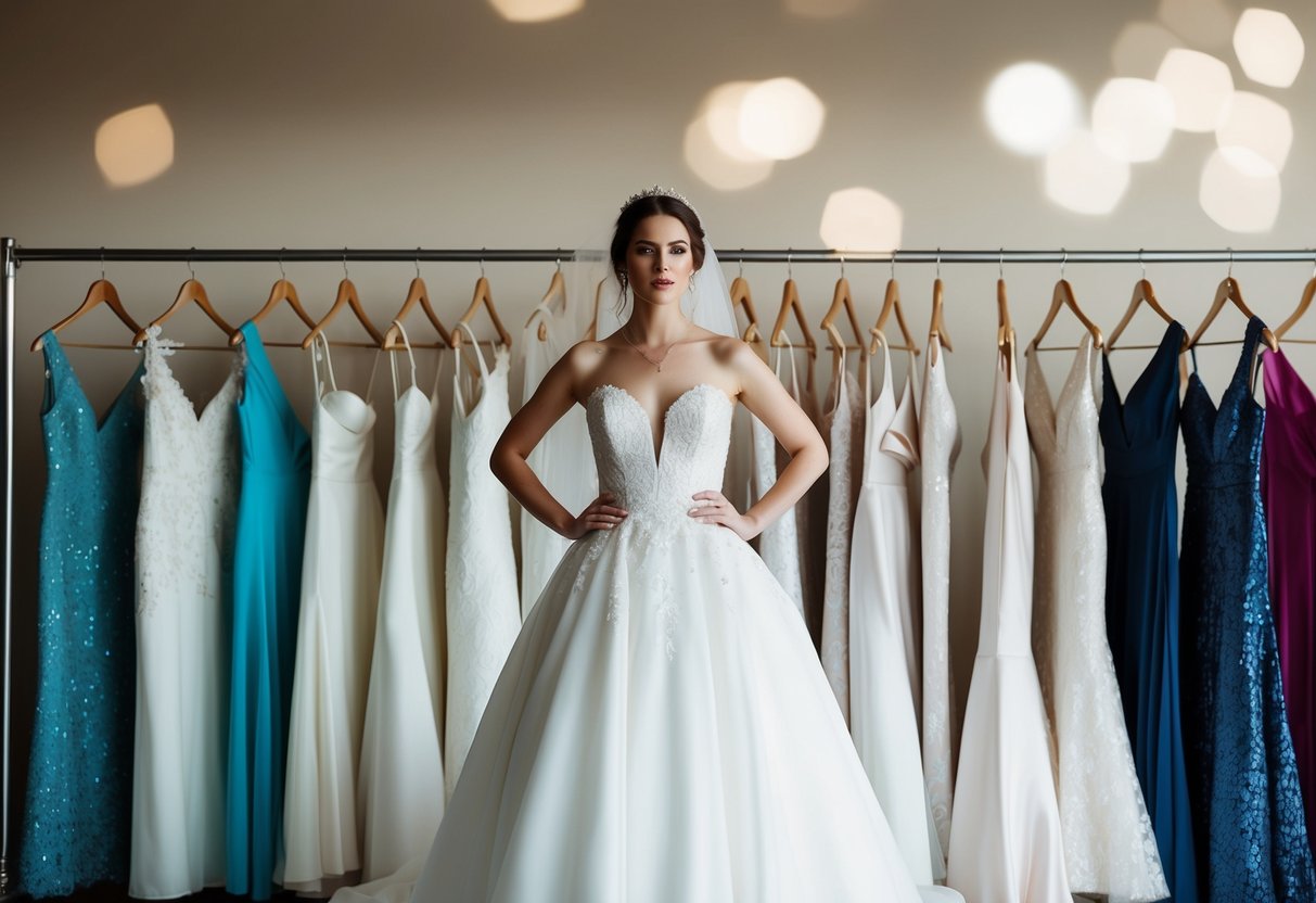 A bride standing in front of a rack of unconventional wedding dresses, confidently rejecting each one