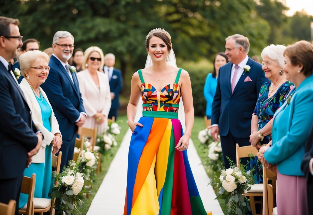 A bride in a colorful, non-traditional outfit confidently walks down the aisle, surrounded by curious and admiring guests