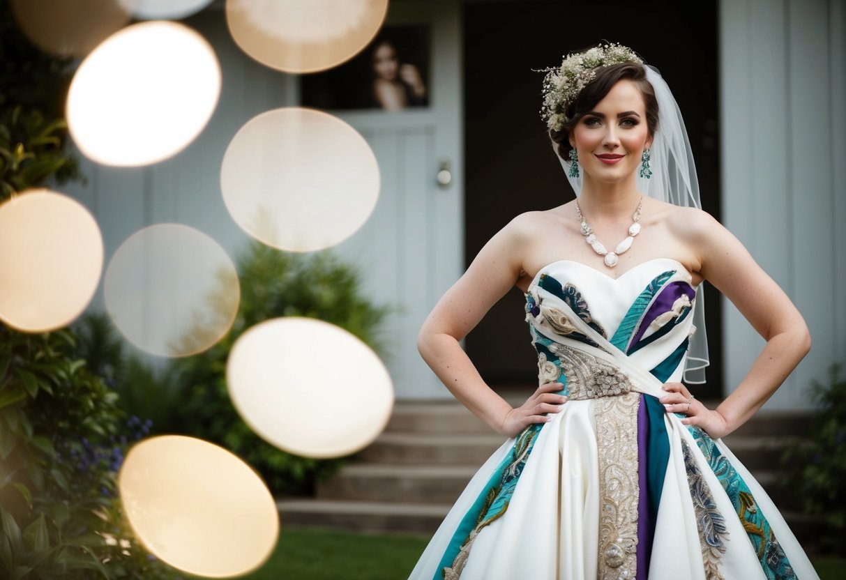 A bride stands proudly in her unique, self-made wedding dress, adorned with unconventional fabrics and intricate details