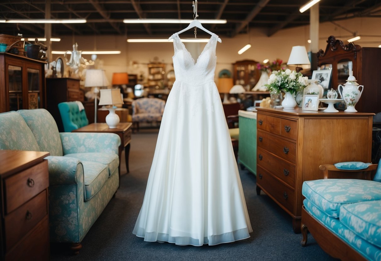 A vintage wedding dress stands alone in a cluttered thrift store, surrounded by furniture