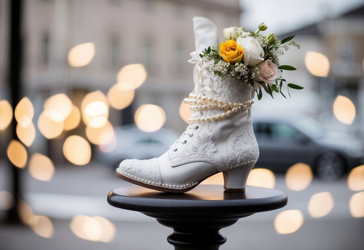 A bridal boot adorned with lace, pearls, and flowers, standing alone on a pedestal