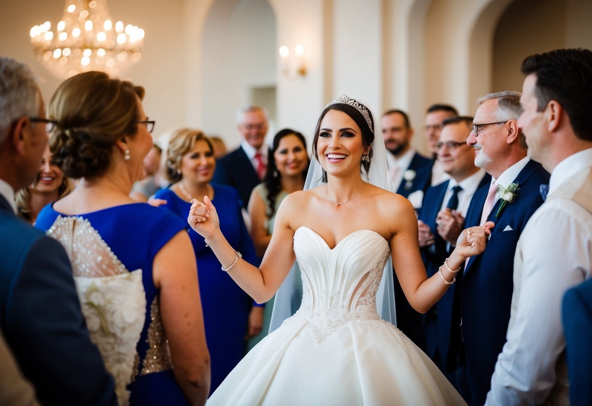 A beaming bride in a unique gown, surrounded by admiring guests at her wedding