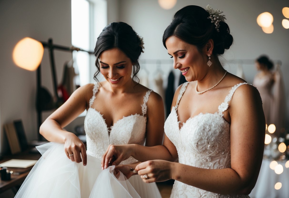 Two women crafting wedding dress together