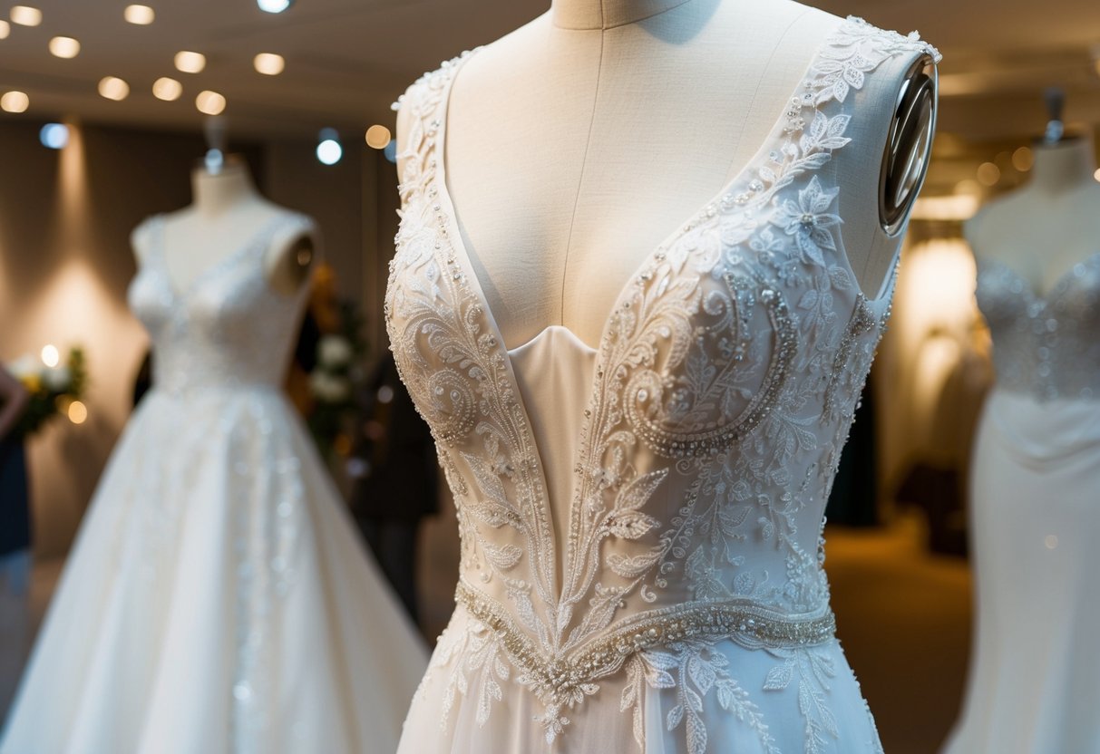A unique, handmade wedding dress on display, adorned with intricate lace and delicate beading