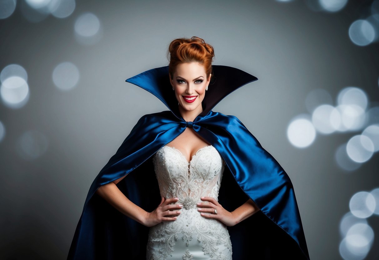 A bride in a dramatic, flowing wedding cape poses with a mischievous smirk, exuding villainous confidence