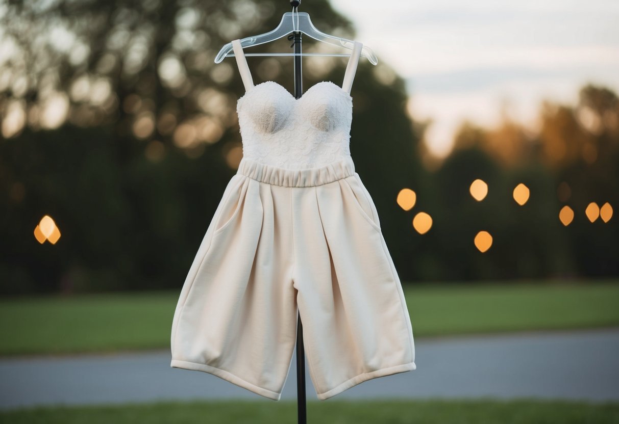 A wedding dress made of sweatpants, hanging on a mannequin