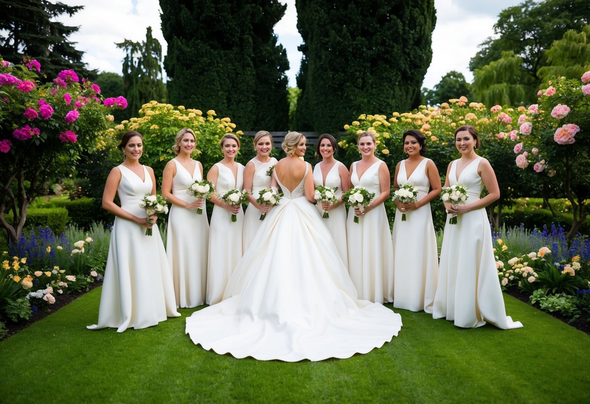 A group of brides in unique wedding attire pose in a lush garden, surrounded by vibrant flowers and towering trees