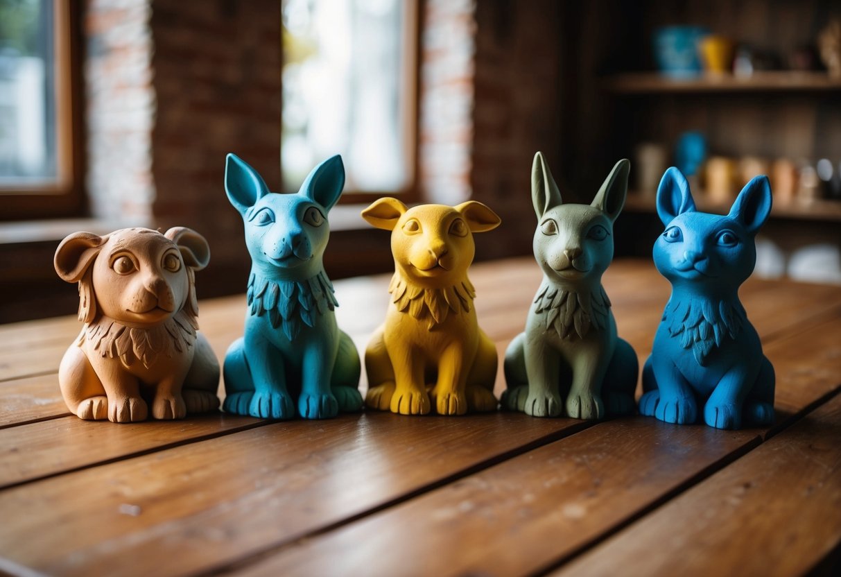 Five colorful clay sculptures arranged on a wooden table. Each sculpture depicts a different animal or object, showcasing intricate details and textures
