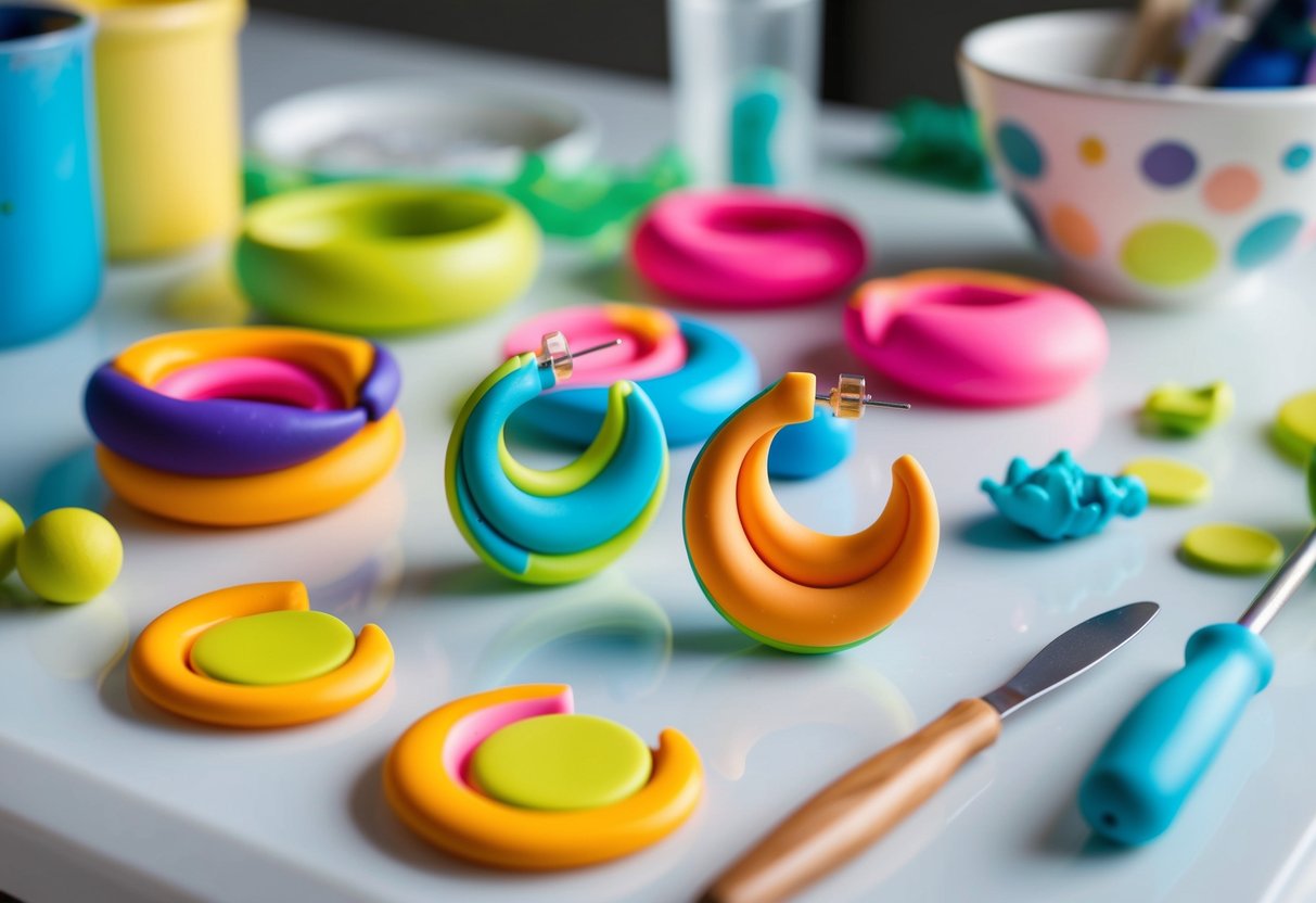 Vibrant polymer clay earrings being shaped and baked, surrounded by colorful clay and sculpting tools on a bright, clean work surface