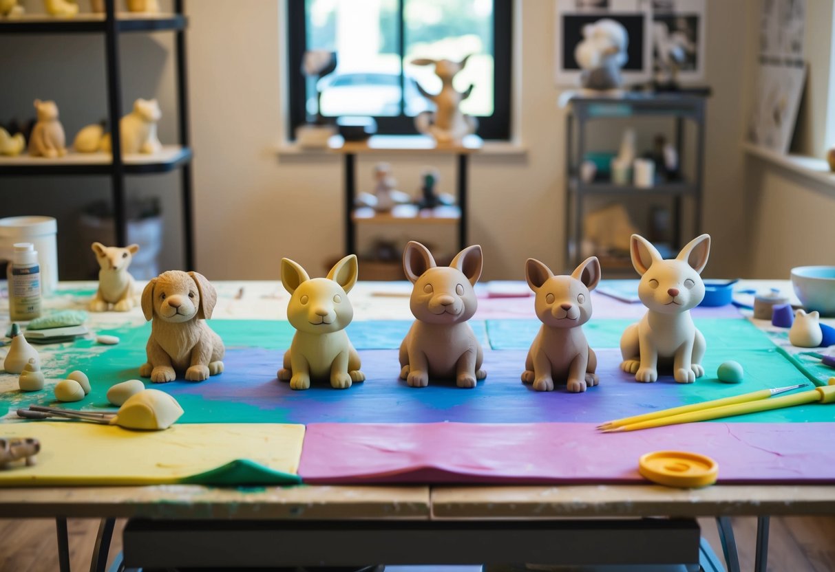 A table covered in colorful air dry clay, with sculpted adorable animals in various stages of completion, surrounded by sculpting tools and reference images