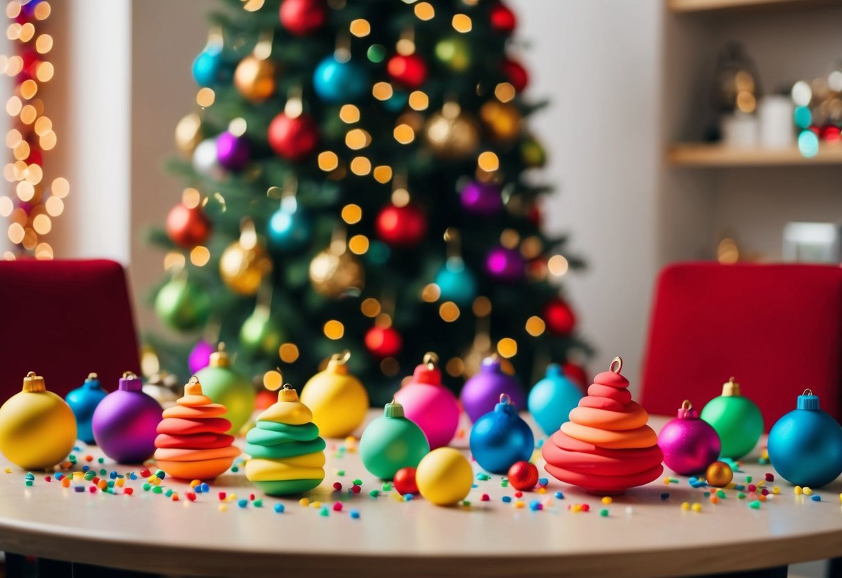 A table covered in colorful modeling clay ornaments